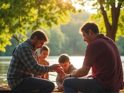 Families learning to tie fishing knots at a workshop
