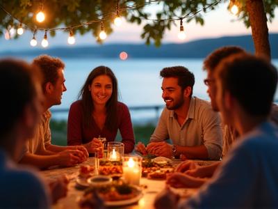 Group of anglers sharing a meal near the water